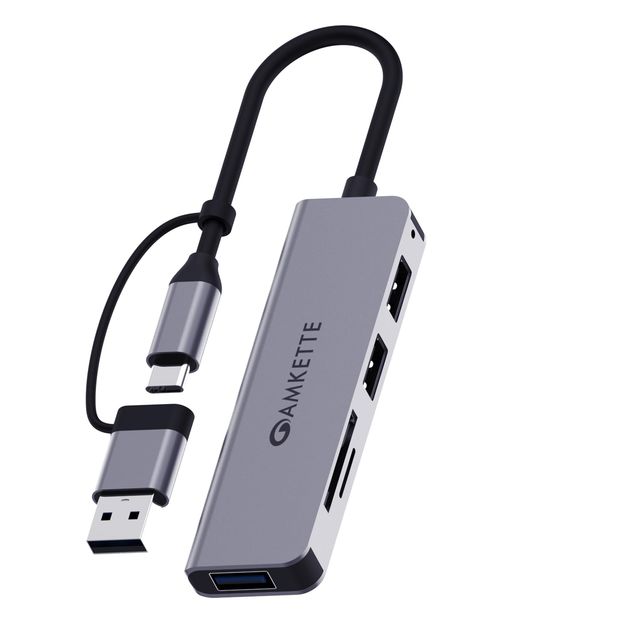 Amkette 366GR 5 In 1 Hybrid USB 3.0 Hub With Card Reader Type C+A - Grey