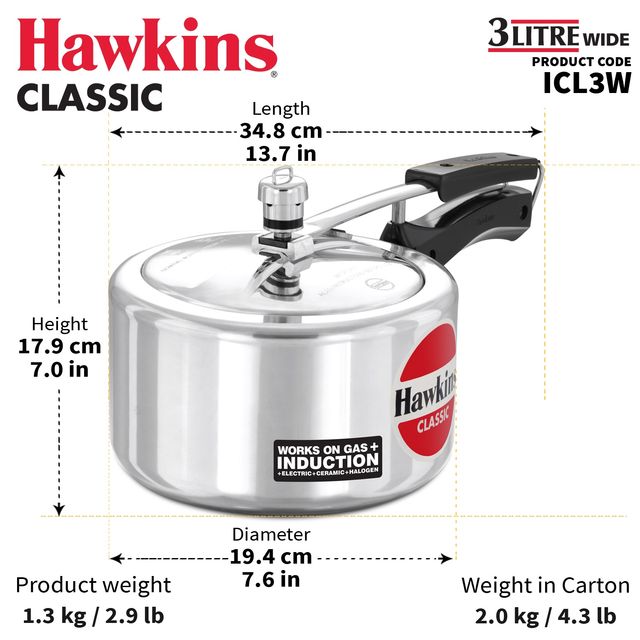 Hawkins 3 Litre Classic Pressure Cooker Induction Inner Lid Cooker - Silver