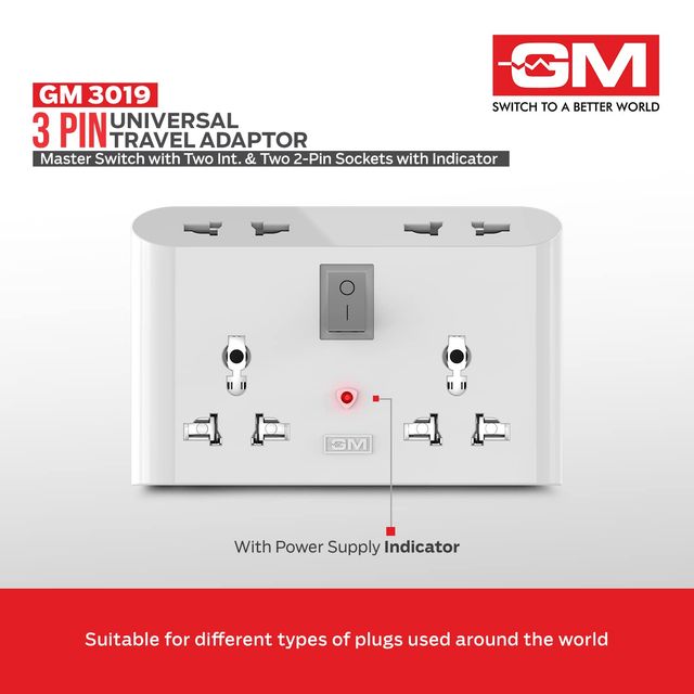GM 3019 3 Pin Universal Multi Plug Travel Adaptor with 6 AMP Suitable for Home Applications, Computer, Laptop, Gadgets
