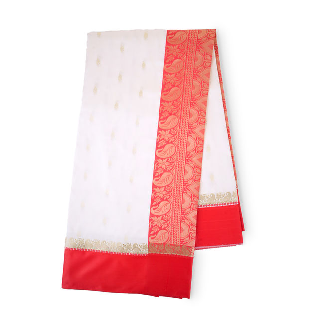 India Silk Emporium Banarasi Silk Saree | White With Red Border - Style 3