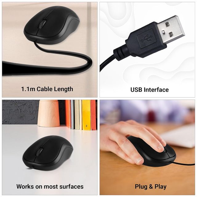 Zebronics Comfort Wired Mouse, 3-Button, 1000 DPI Optical Sensor, Plug & Play, Black