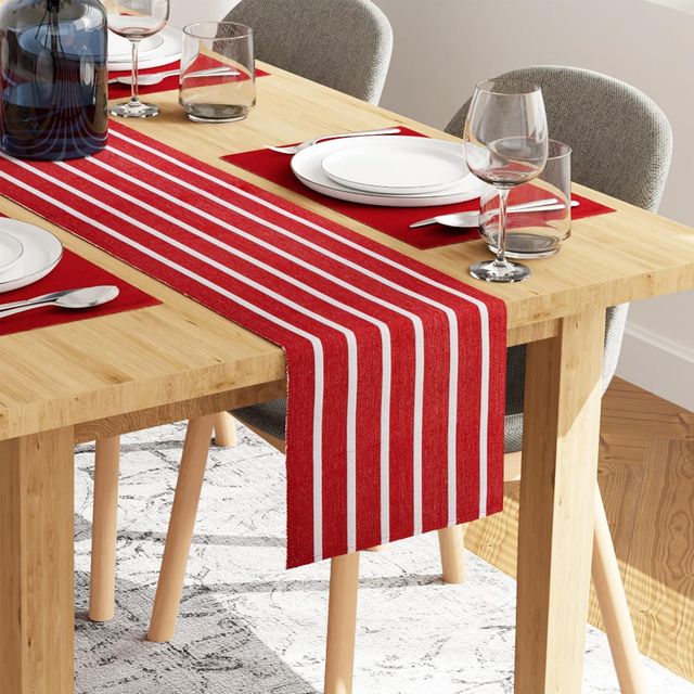 Encasa Xo Ribbed Cotton Table Runner+Placemat Roma Red 32X150 Cm, Pack Of 5