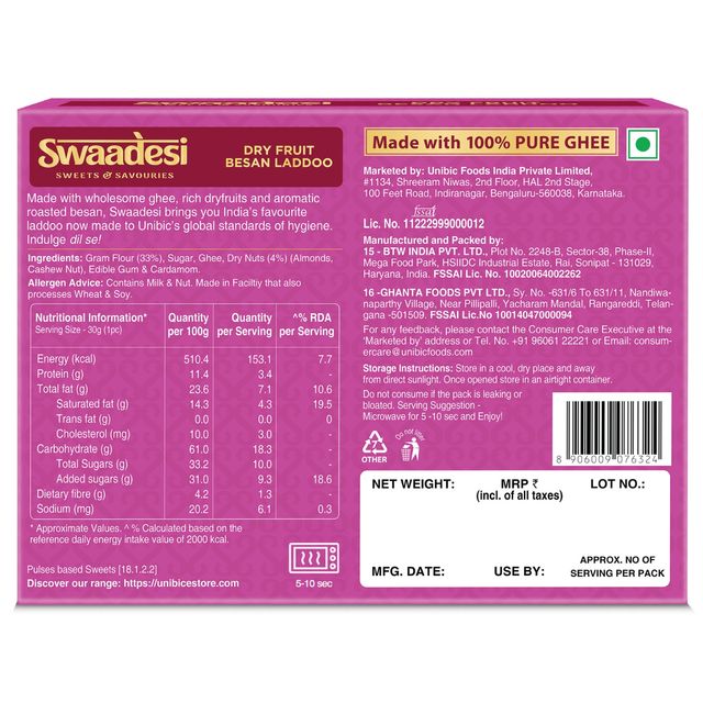 Unibic Swaadesi Dryfruit Besan Laddoo Box 180 g Combo