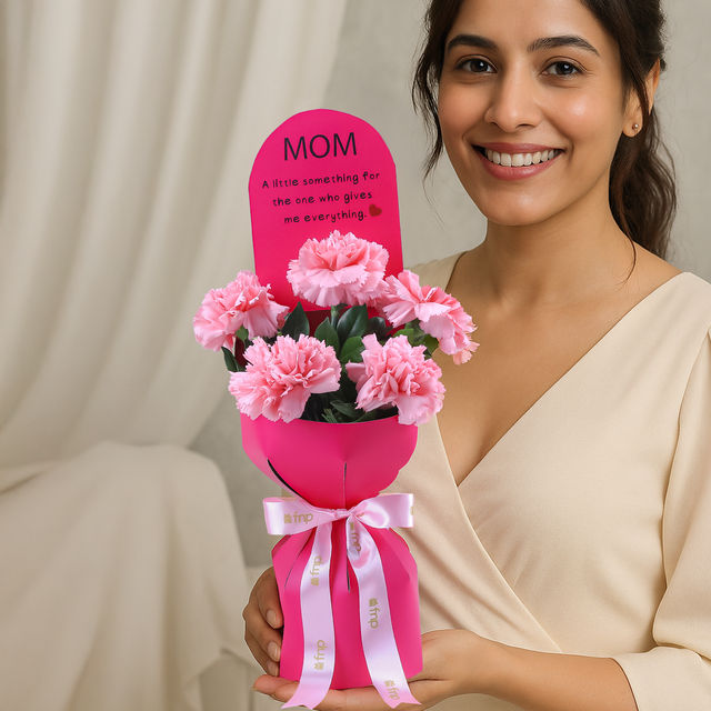 Fnp Mother S Day 5 Carnation Bouquet (1pc) & Youbella Jewellery Stylish Alloy Gold Plated Pendant Necklace For Women (Gold)(Ybnk_5788) (1pc) Combo