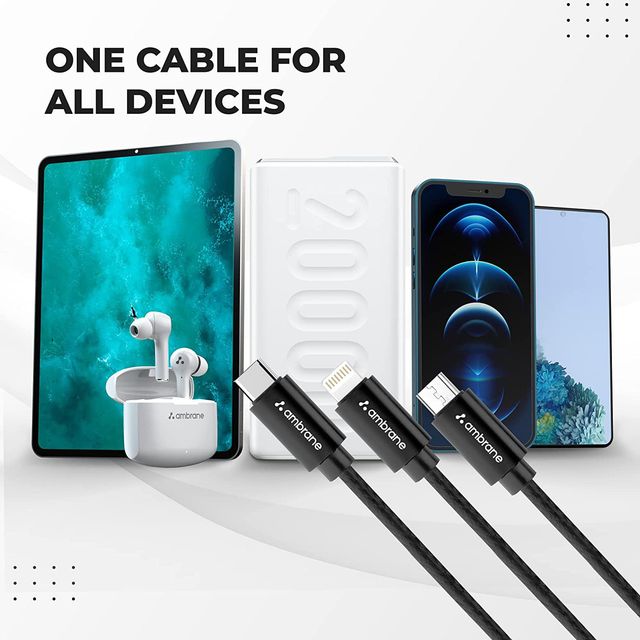 Ambrane 3 In 1 Usb Fast Charging Cable With Type C, Lightning, Micro Usb Port, 1.25M Trio-11