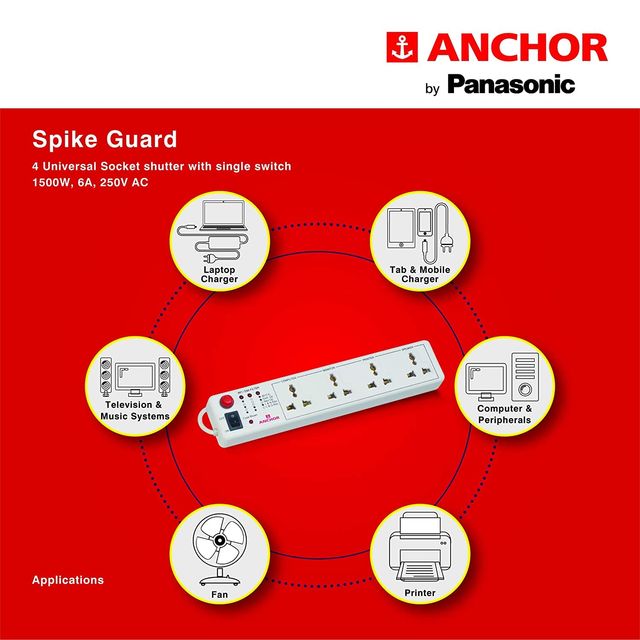 Panasonic 6 Amp Extension Board With 4 Way Universal Socket, 1 Single Switch & 4 Mtr Wire
