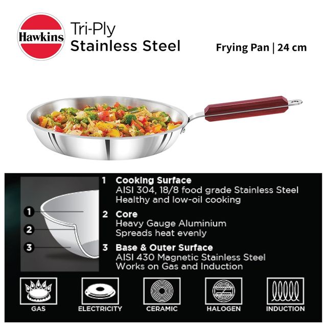 Hawkins 24 Cm Frying Pan, Triply Stainless Steel Fry Pan, Induction Frying Pan, Silver (Ssf24)