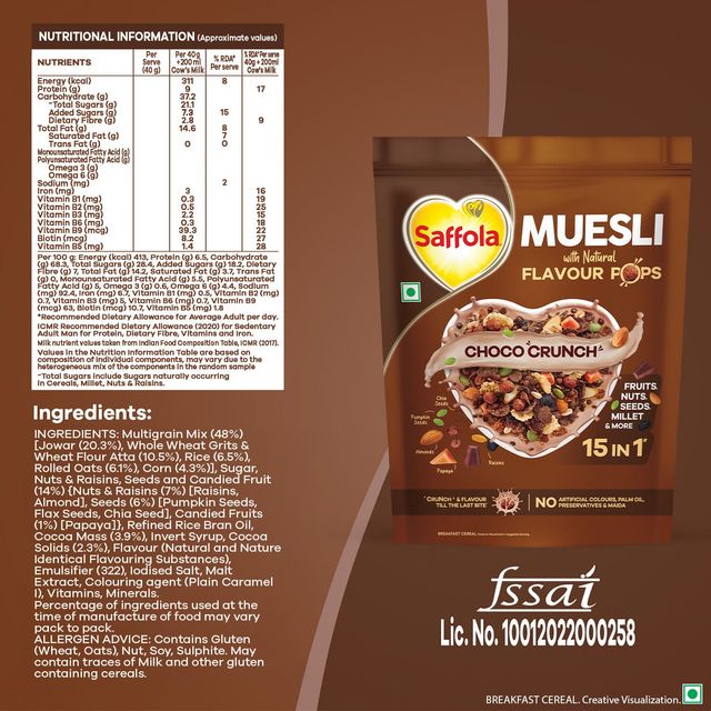 Saffola Muesli Choco Crunch With Flavour Pops, Fruits, Nuts, Seeds, Millets (15 In 1)