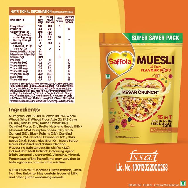 Saffola Muesli Kesar Crunch With Flavour Pops | 15 In 1 Fruit And Nuts | Seeds, Millet & More