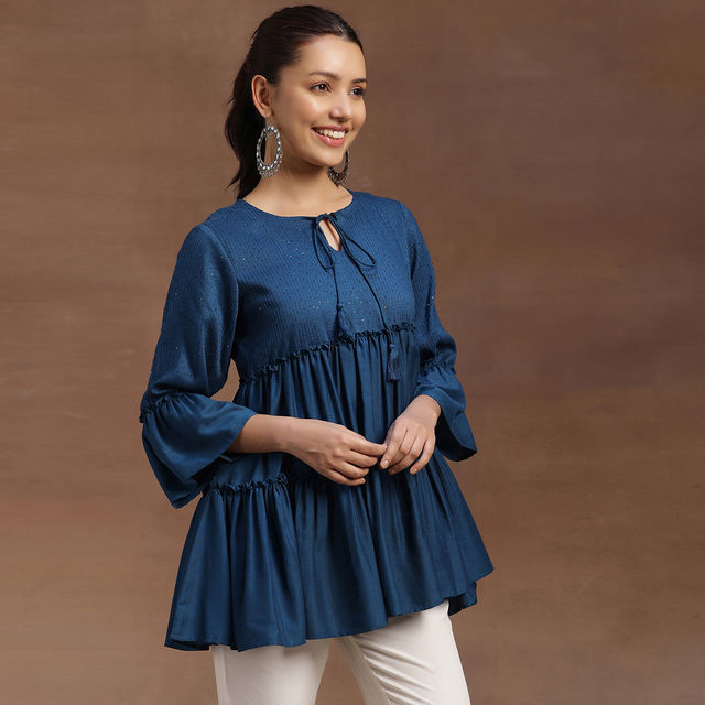 Libas Women's Embellished Silk Blend A-line Kurti | 29142 29142 | Blue - XL