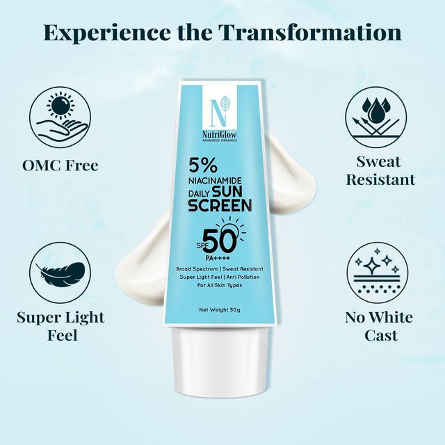 NutriGlow Advanced Organics Sunscreen - SPF 50 PA++++ 5% Niacinamide | No White Cast | Broad Spectrum