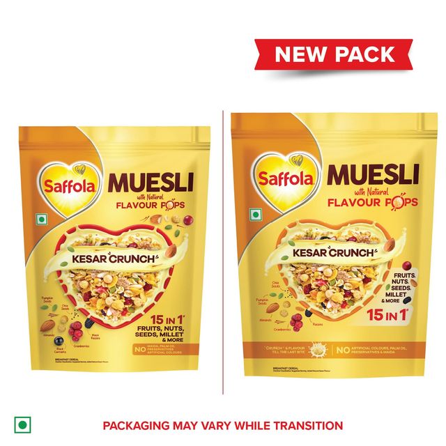 Saffola Muesli Kesar Crunch With Flavour Pops, Fruits, Nuts, Seeds, Millets (15 In 1)