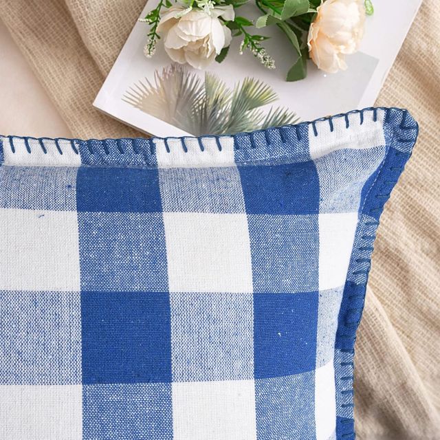 Lushomes Cotton Cushion Covers - Blue-White Checks | 16 x 16 inch