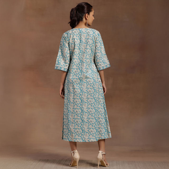 Libas Women's Floral Printed Panelled A-Line Dress with Pleated Style And Pocket | 29115O | Blue - M