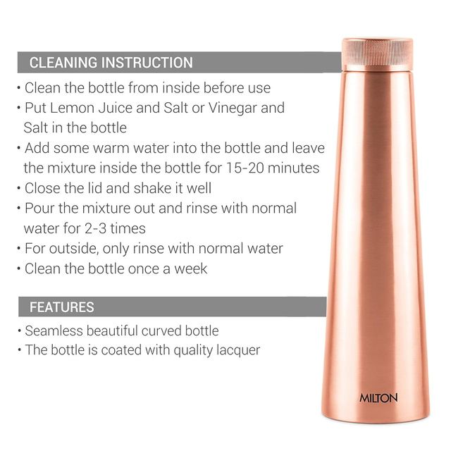 Milton Copper Delight 1000 Bottle | 915 Ml | Lacquer Coating | Curved Bottle |100% Pure Copper