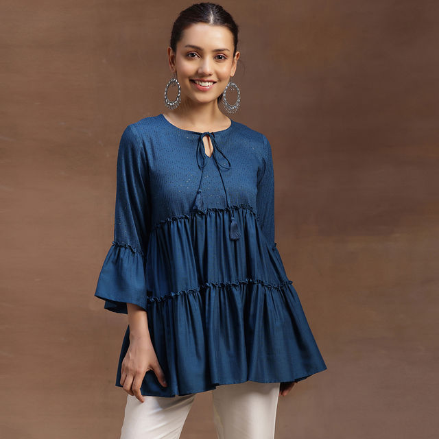 Libas Women's Embellished Silk Blend A-line Kurti | 29142 29142 | Blue - XL