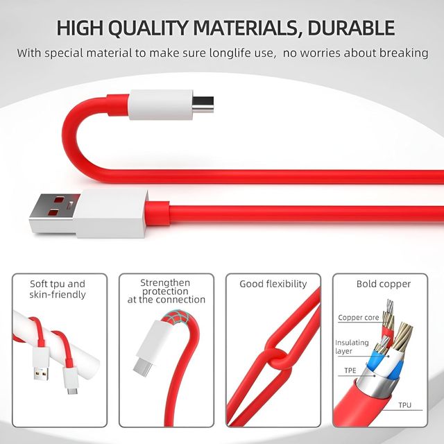 Sounce 80W OnePlus Charging Cable Usb To Type C Warp Charger SuperVooc/Dash Fast Charge - 6ft, Red