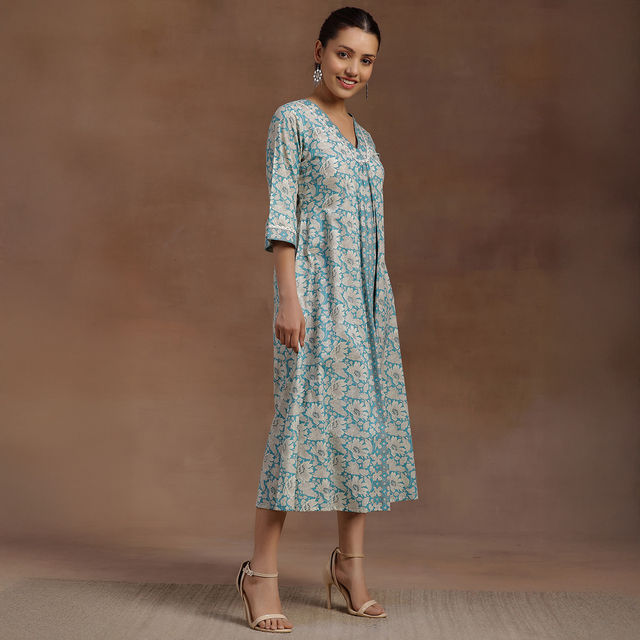 Libas Women's Floral Printed Panelled A-Line Dress with Pleated Style And Pocket | 29115O | Blue - M