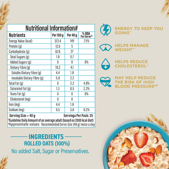 Bagrry's Rolled Oats Jar High Fibre Premium Rolled Oats Protein Rich Breakfast Cereal Wholegrain Breakfast