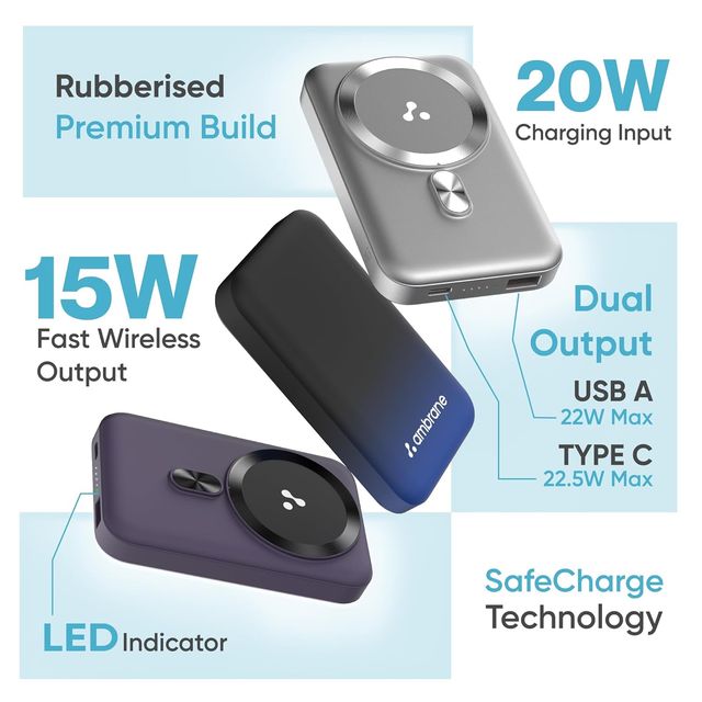 Ambrane 10000mah Magsafe Fast Wireless Charging Power Bank for Qi Enabled Devices (Snap, Silver)