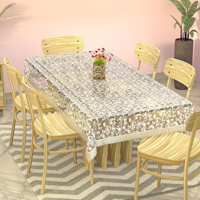 Kuber Industries PVC Waterproof Stone Print 90x60 Inch Dining Table Cover Silver Lace (Silver)