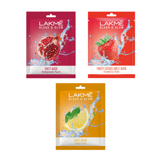 Lakme Blush & Glow Lemon Sheet Mask(25ml), Lakme Blush & Glow Pomegranate Sheet Mask(20ml) & Lakme Blush & Glow Strawberry Sheet Mask(25ml) Combo