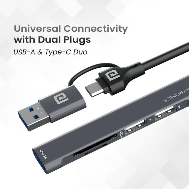 Portronics Mport 31 Plus - 5-in-1 USB Hub | With USB 3.0 port & Type-C Dual Plugs - Grey