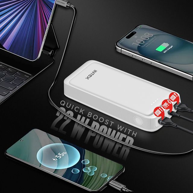 Intex 20000 mAh 22 W Power Bank (White, Lithium Polymer, Fast Charging for Mobile)