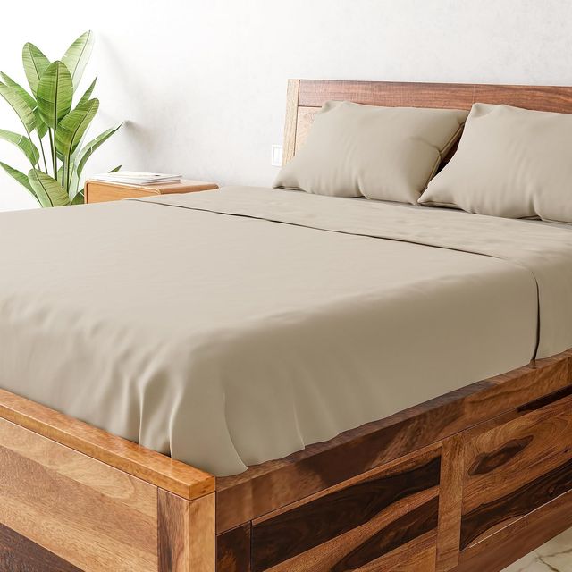 Flo Queen Size | Flat Sheet: 90 x 102 inch, Pillow Covers: 18 x 28 inch) Set Of 2 Beige Colour