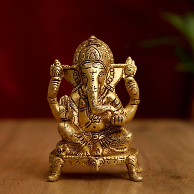 Devnidhii Ganesh Ji Brass Idol On Square Chowki Small Size