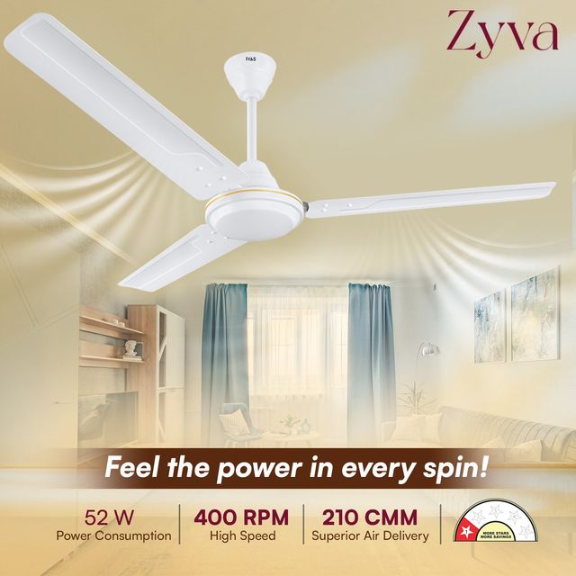 Ivas Zyva Ceiling Fan, 1200mm, 400 RPM, Star Rated, White