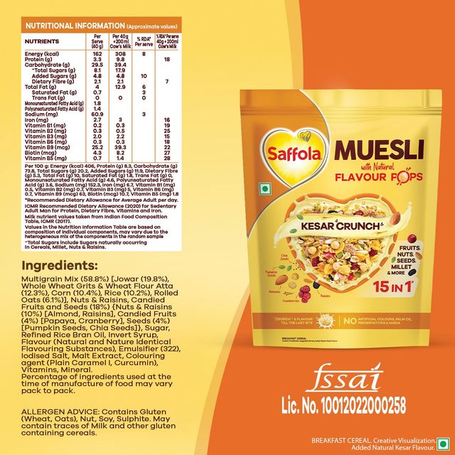Saffola Muesli Kesar Crunch With Flavour Pops, Fruits, Nuts, Seeds, Millets (15 In 1)