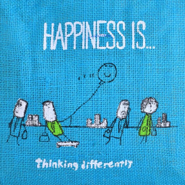 Kuber Industries Jute Blue Happiness Grocery Bag With Handle | Medium - Assorted