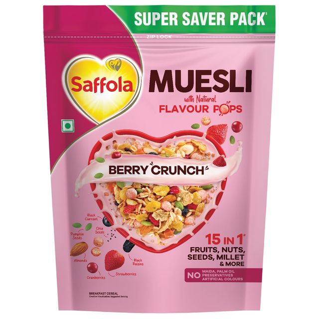 Saffola Muesli Berry Crunch With Flavour Pops | 15 In 1 Fruit And Nuts, Seeds | Millet & More