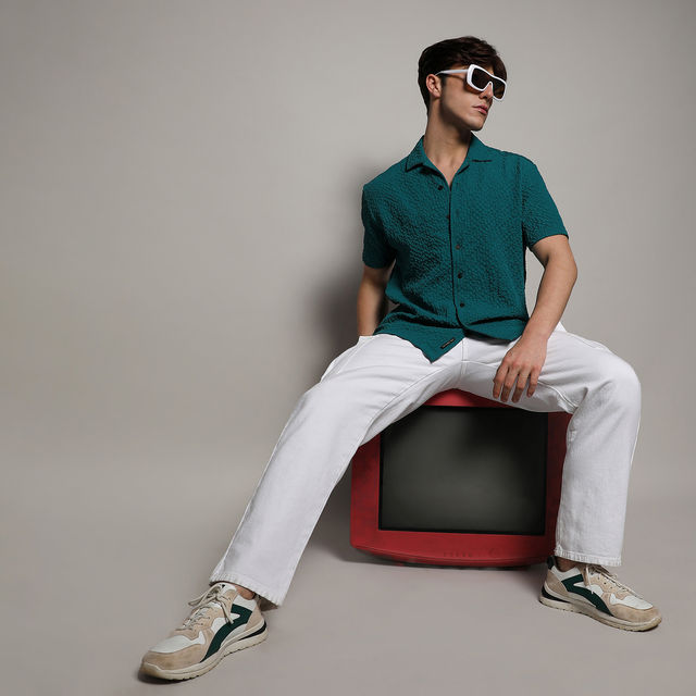 Campus Sutra Men's Creased Striped Shirt | Green - L