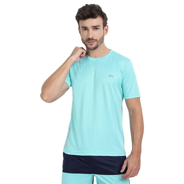 Ftx Men's Solid Round Neck Polyester Half Sleeve Casual T-shirt | Aqua | L