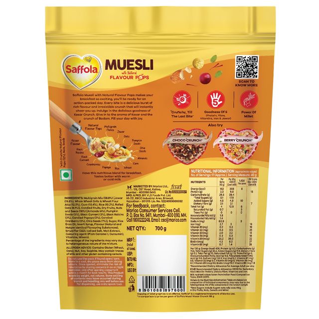 Saffola Muesli Kesar Crunch With Flavour Pops | 15 In 1 Fruit And Nuts | Seeds, Millet & More