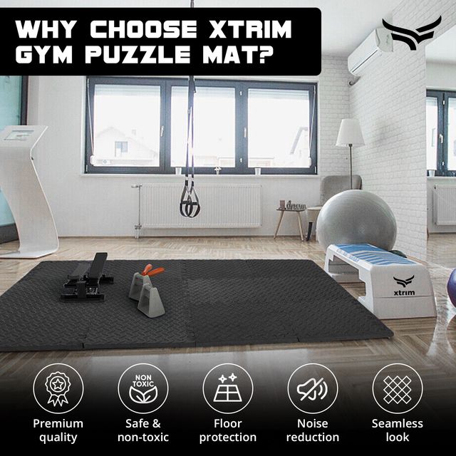 Xtrim Gym Puzzle Exercise Mat, EVA Foam Mat, Interlocking Tiles, for Home & Kids Area |Black