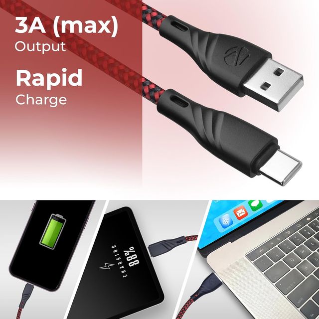 Zebronics UT300 Usb To Type C Charging Cable, 27W Max, 3A, Rapid Charge, 1.5M Cable (Red + Black)