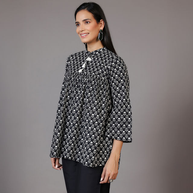 Libas Women's Printed Cotton A-Line Kurti | 29065 29065 | Black - S