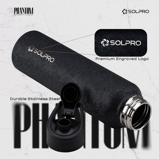 Solpro Phantom Stainless Steel Water Bottle | Gym Bottle | Odor & Bpa Free | 1000 ml | Black