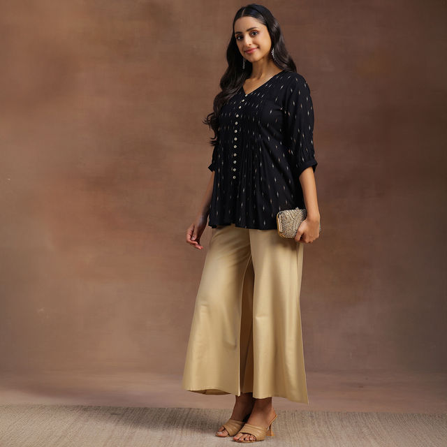 Libas Women's Zari Woven Design A-Line Pleated Kurti with Pintuck Detail | 29133 | Black - XL