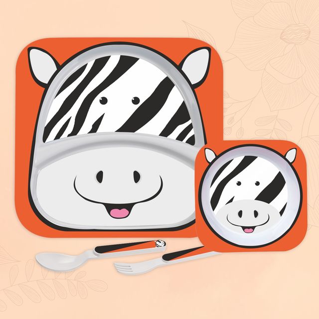 Cello Kids Meal Melamine Dinner Set with Zebra Print | Orange, Set of 4 (Assorted)