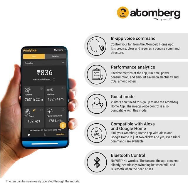 Atomberg Studio Smart+ BLDC Ceiling Fan,1200mm,IoT & Remote,BEE 5 Star,LED Indicators, Marble White