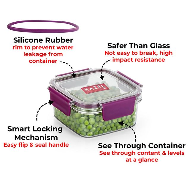 HAZEL Plastic Square Container - 600 ml Airtight | Leak Proof | Microwave Safe Dabba
