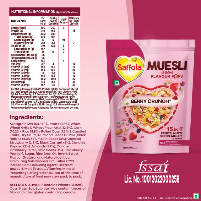 Saffola Muesli Berry Crunch With Flavour Pops, Fruits, Nuts, Seeds, Millets (15 In 1)
