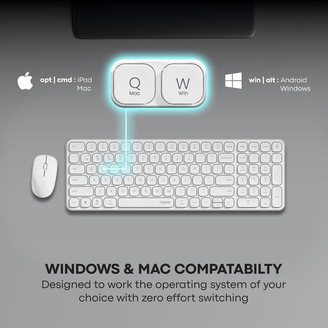 Rapoo 9320M Bluetooth 4.0 | 5.0 + 2.4G Wireless Multi-Mode Keyboard, Mouse, 2400DPI | Compact White