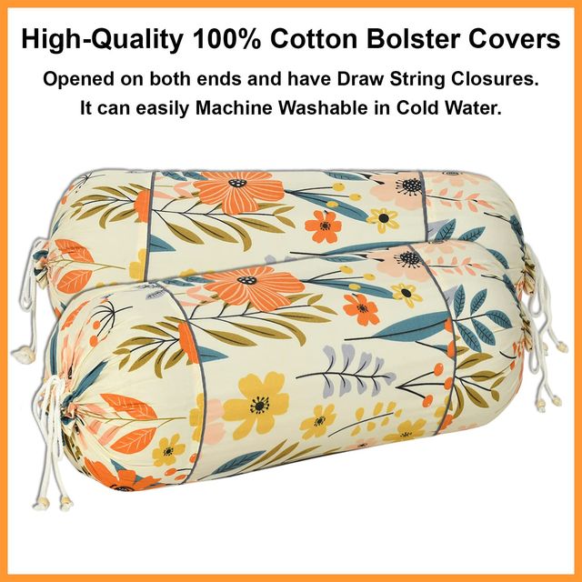 Kuber Industries Floral Print Cotton Bolster Cover Set of 2 | 16"x32" (Cream)