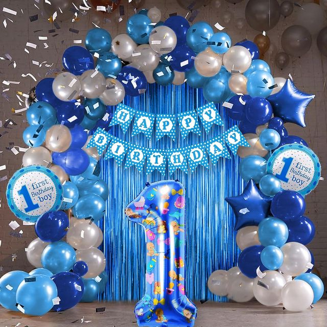 Just Party 1St Birthday Boy Decoration Set - Blue Balloons, Foil Balloons, And Diy Banner