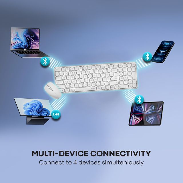 Rapoo 9320M Bluetooth 4.0 | 5.0 + 2.4G Wireless Multi-Mode Keyboard, Mouse, 2400DPI | Compact White
